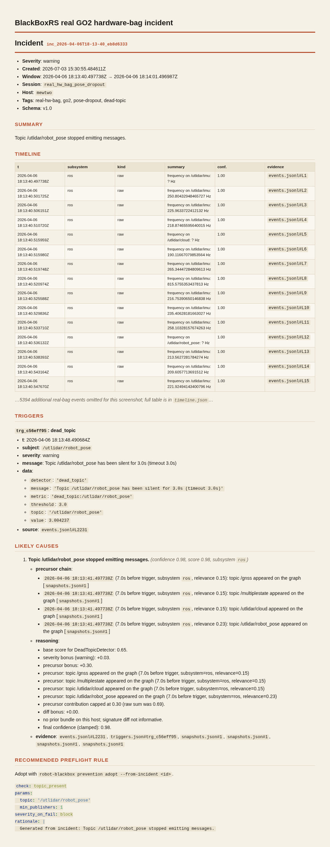 Incident report generated by replaying a real GO2 rosbag